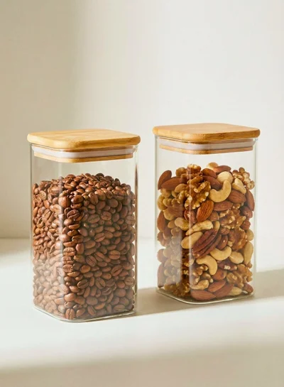 1Chase Borosilicate Square Glass Storage Jar With Air Tight Bamboo Lid 900 ML, 2Pcs Set